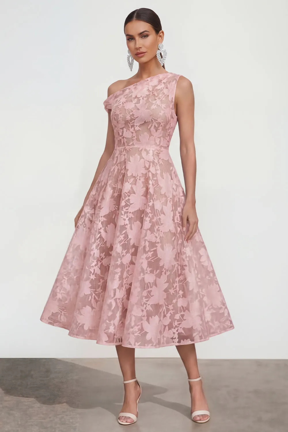 Pink One Shoulder A-Line Midi Floral Dress sold by Zapaka
