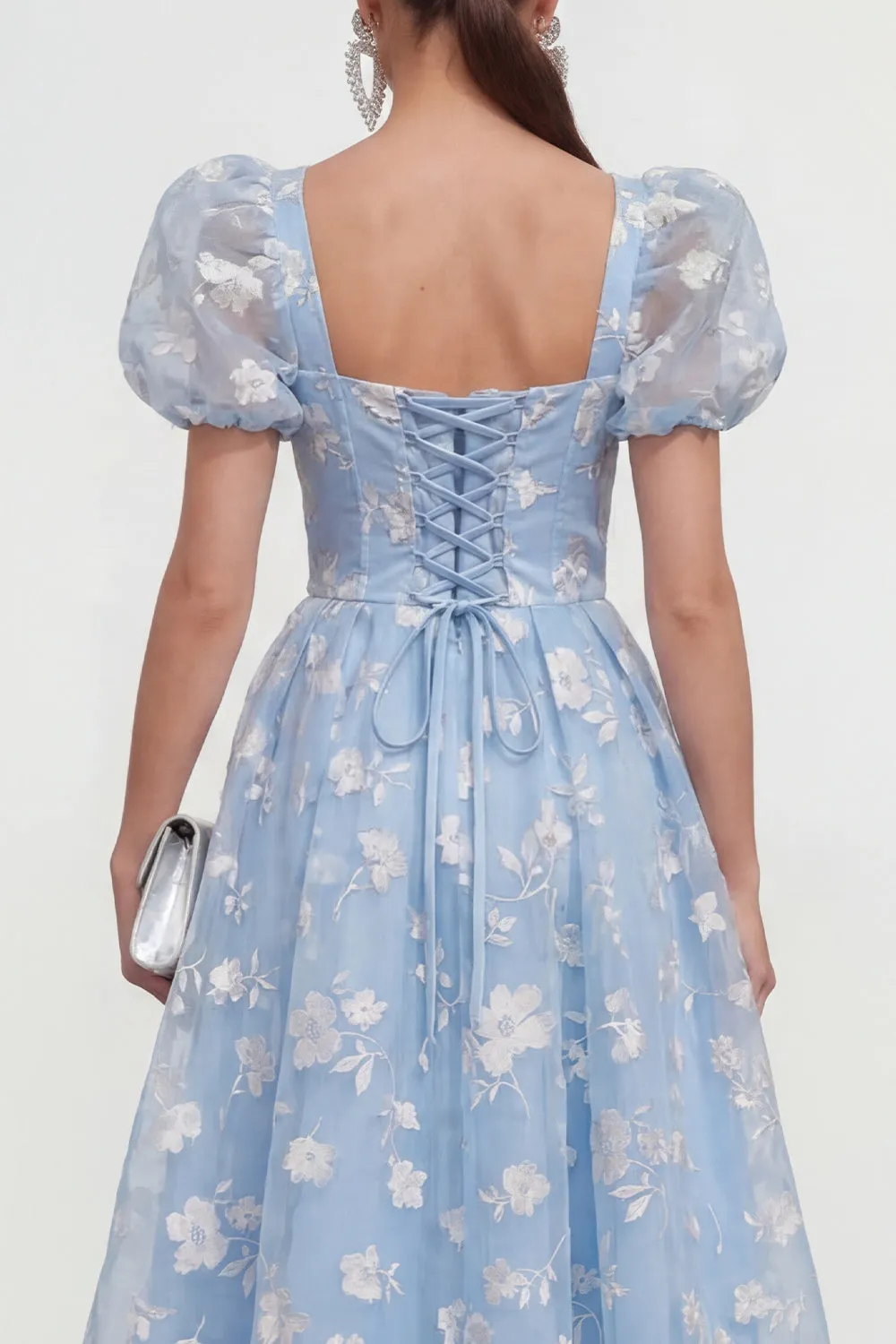 Blue Floral A-Line Lace Up Back Midi Dress with Puff Sleeves sold by Zapaka product image thumbnail 4