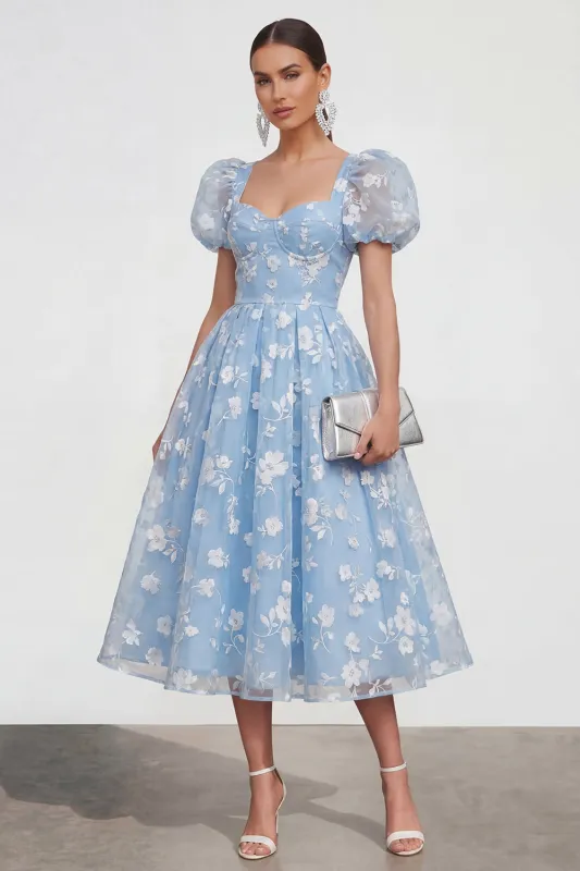 Blue Floral A-Line Lace Up Back Midi Dress with Puff Sleeves made by Zapaka