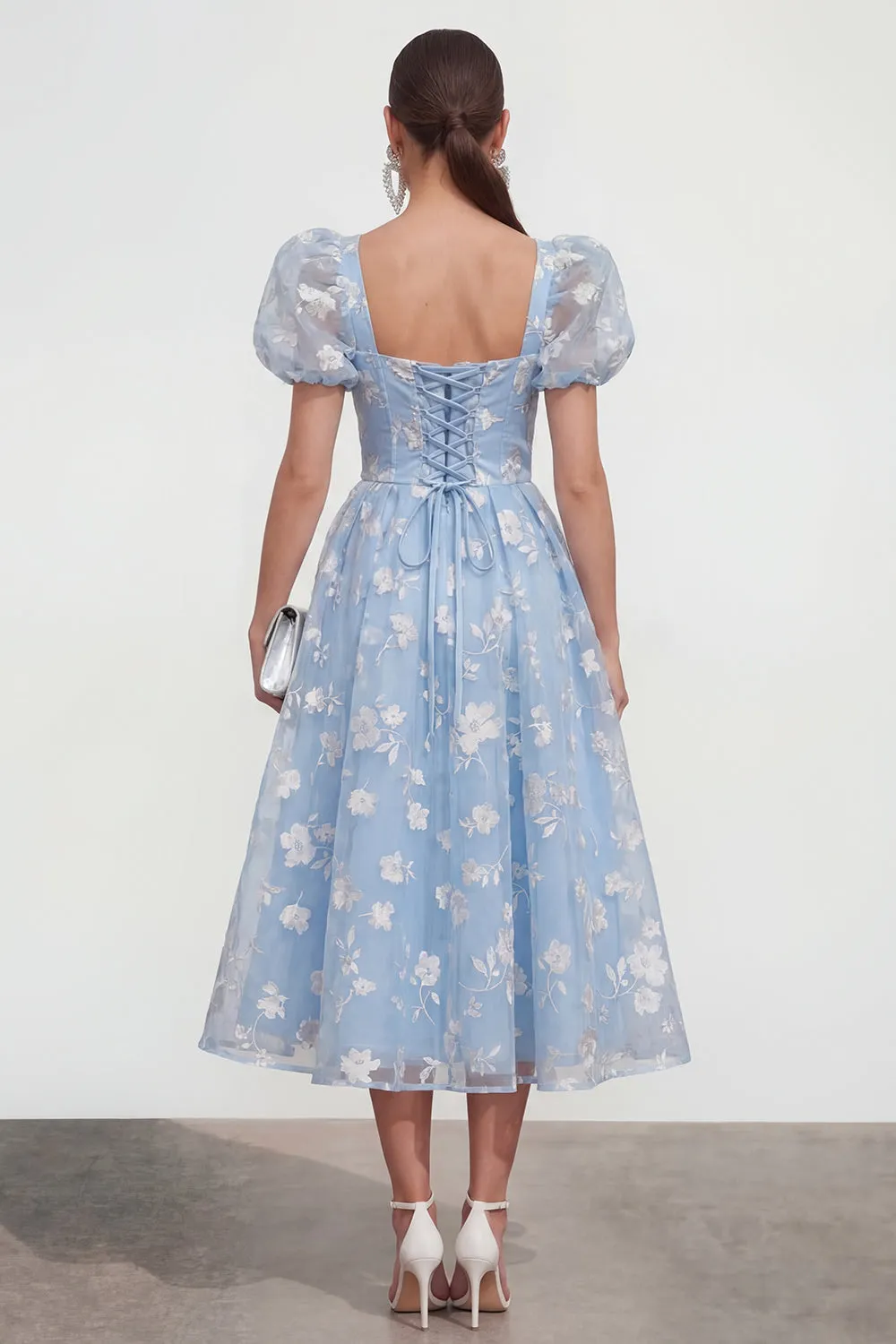 Blue Floral A-Line Lace Up Back Midi Dress with Puff Sleeves sold by Zapaka product image thumbnail 2