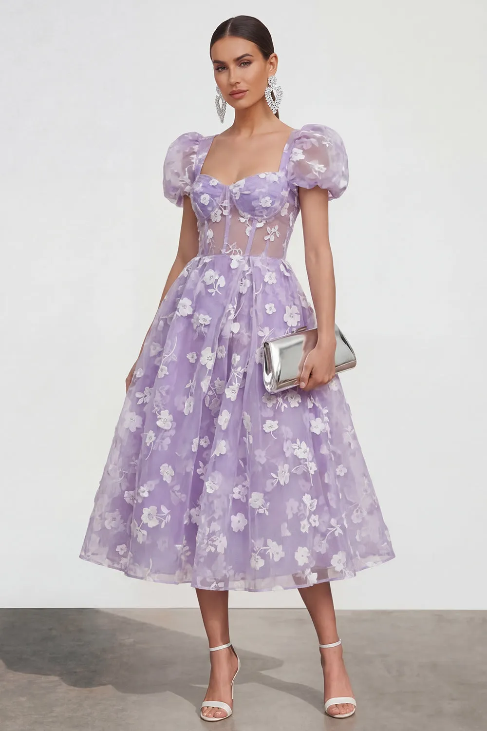 Blue Floral A-Line Lace Up Back Midi Dress with Puff Sleeves sold by Zapaka product image thumbnail 5