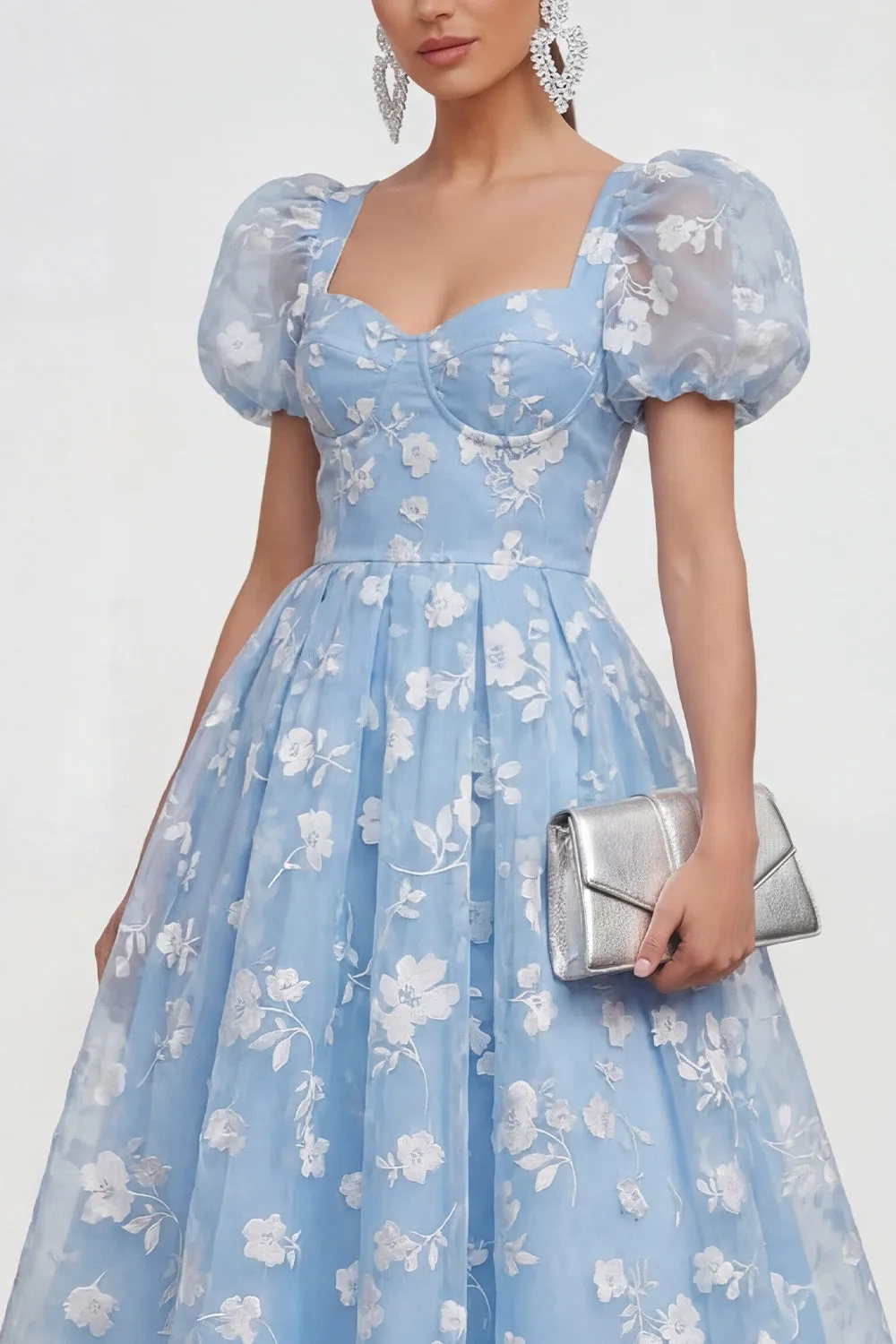 Blue Floral A-Line Lace Up Back Midi Dress with Puff Sleeves sold by Zapaka product image thumbnail 3
