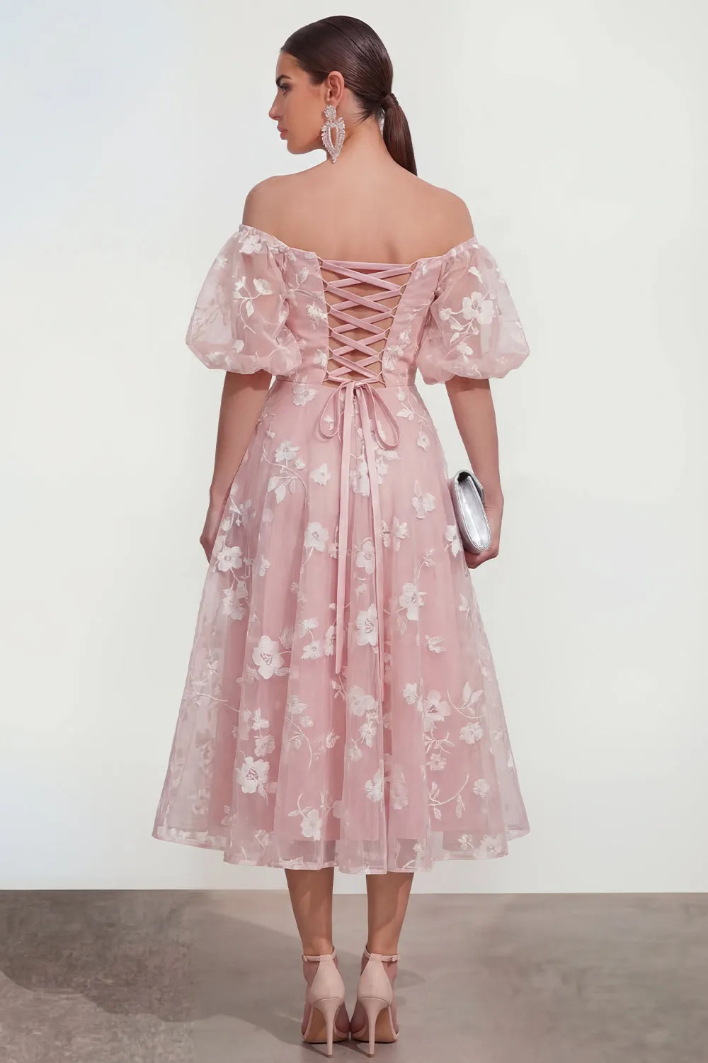 Off The Shoulder A-Line Pink Midi Floral Dress with Lace Up Back sold by Zapaka product image thumbnail 2
