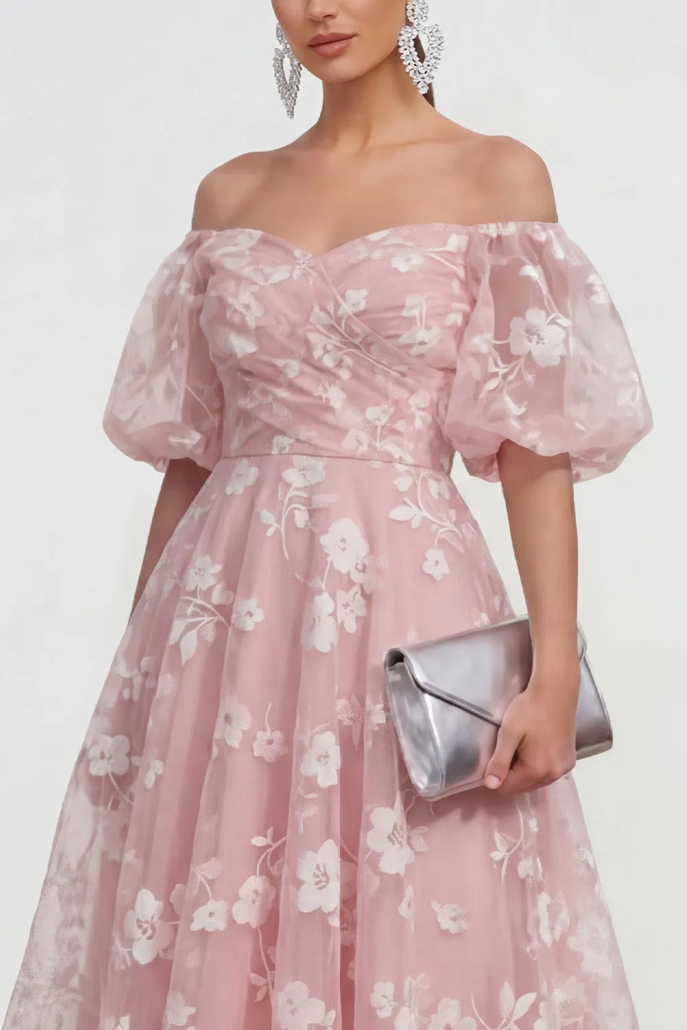 Off The Shoulder A-Line Pink Midi Floral Dress with Lace Up Back sold by Zapaka product image thumbnail 3