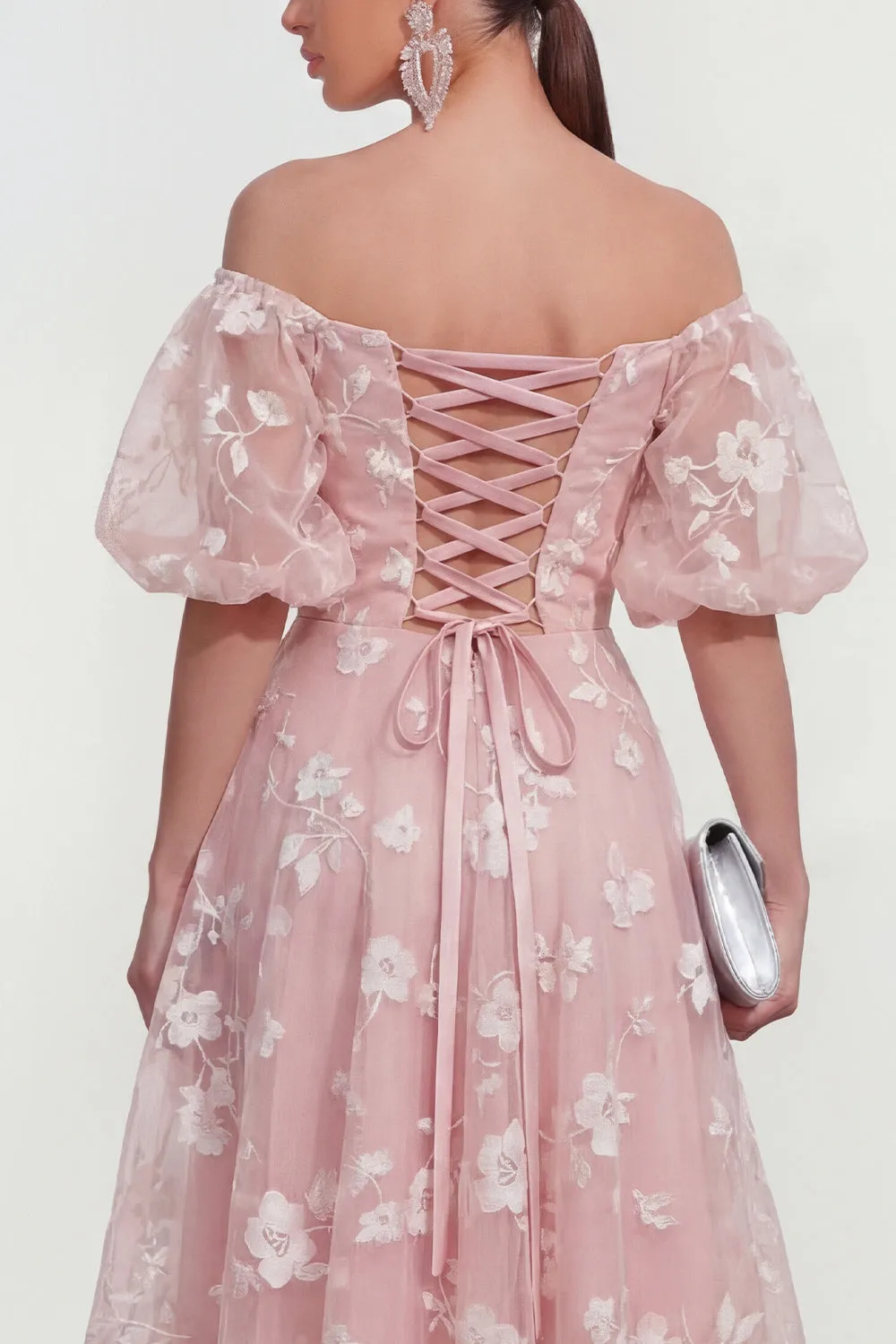Off The Shoulder A-Line Pink Midi Floral Dress with Lace Up Back sold by Zapaka product image thumbnail 4
