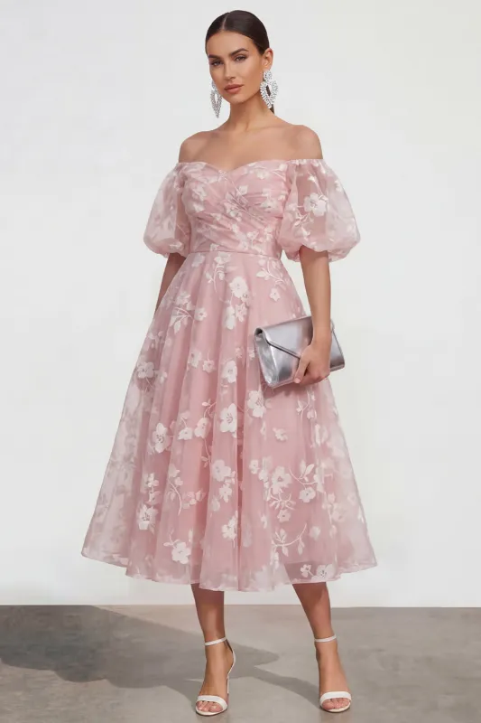 Off The Shoulder A-Line Pink Midi Floral Dress with Lace Up Back made by Zapaka