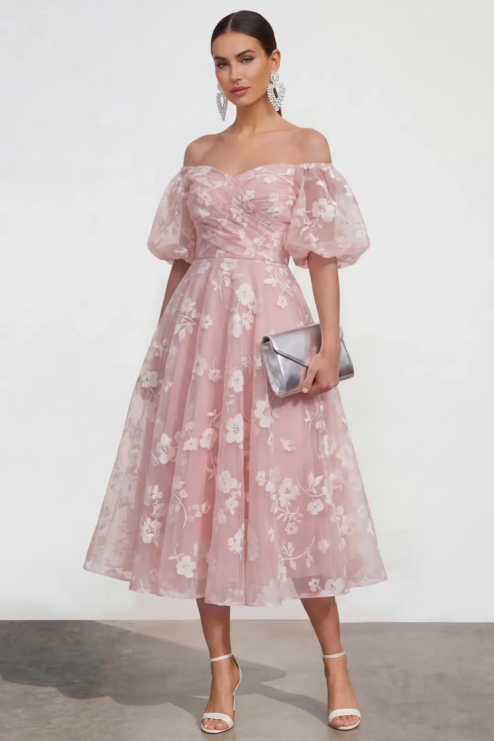 Off The Shoulder A-Line Pink Midi Floral Dress with Lace Up Back sold by Zapaka