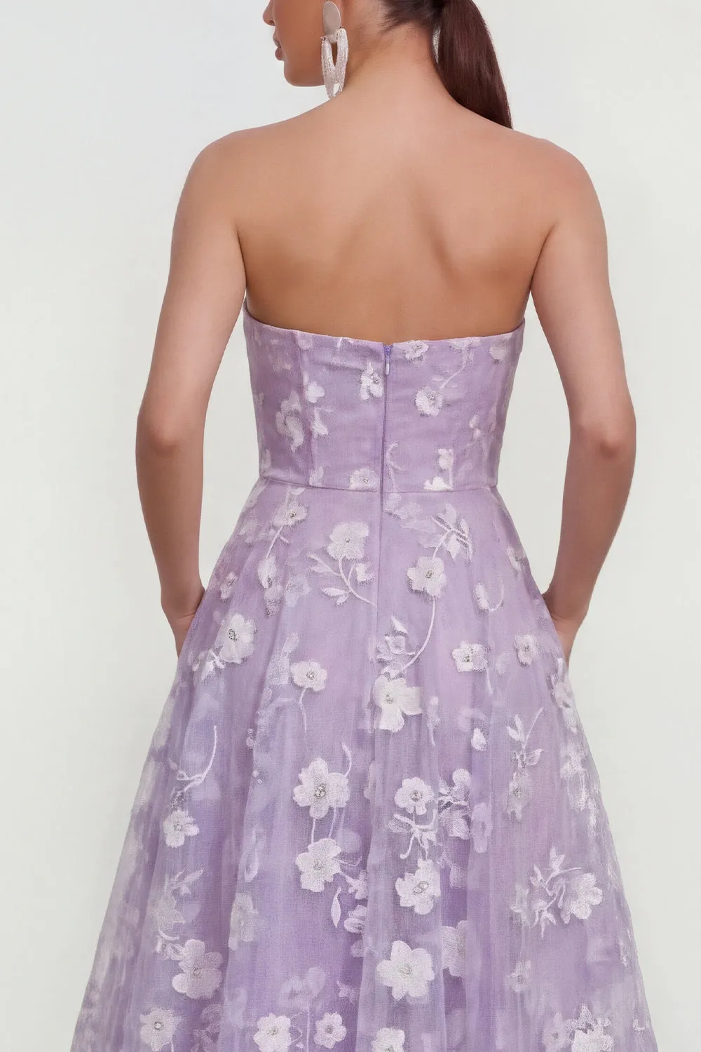 Strapless A-Line Midi Lilac Floral Dress with Pockets sold by Zapaka product image thumbnail 4