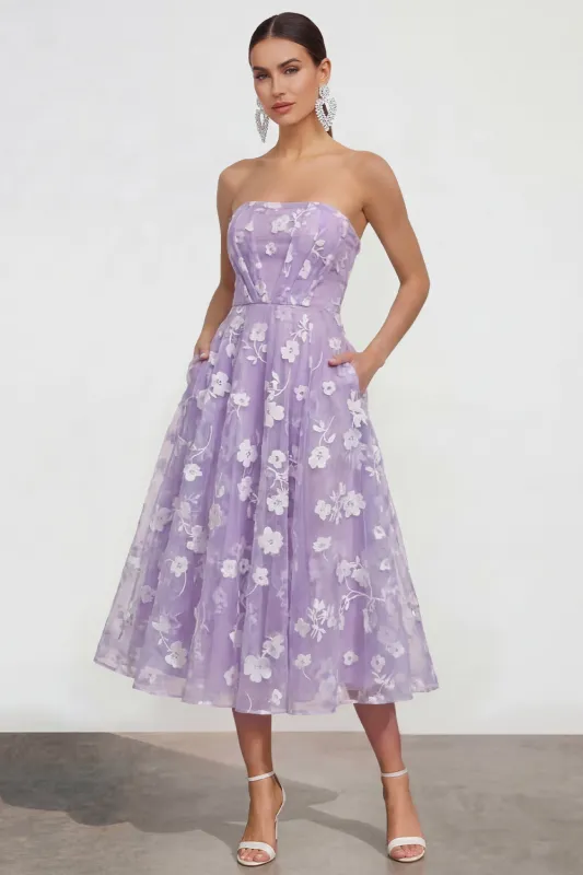 Strapless A-Line Midi Lilac Floral Dress with Pockets made by Zapaka