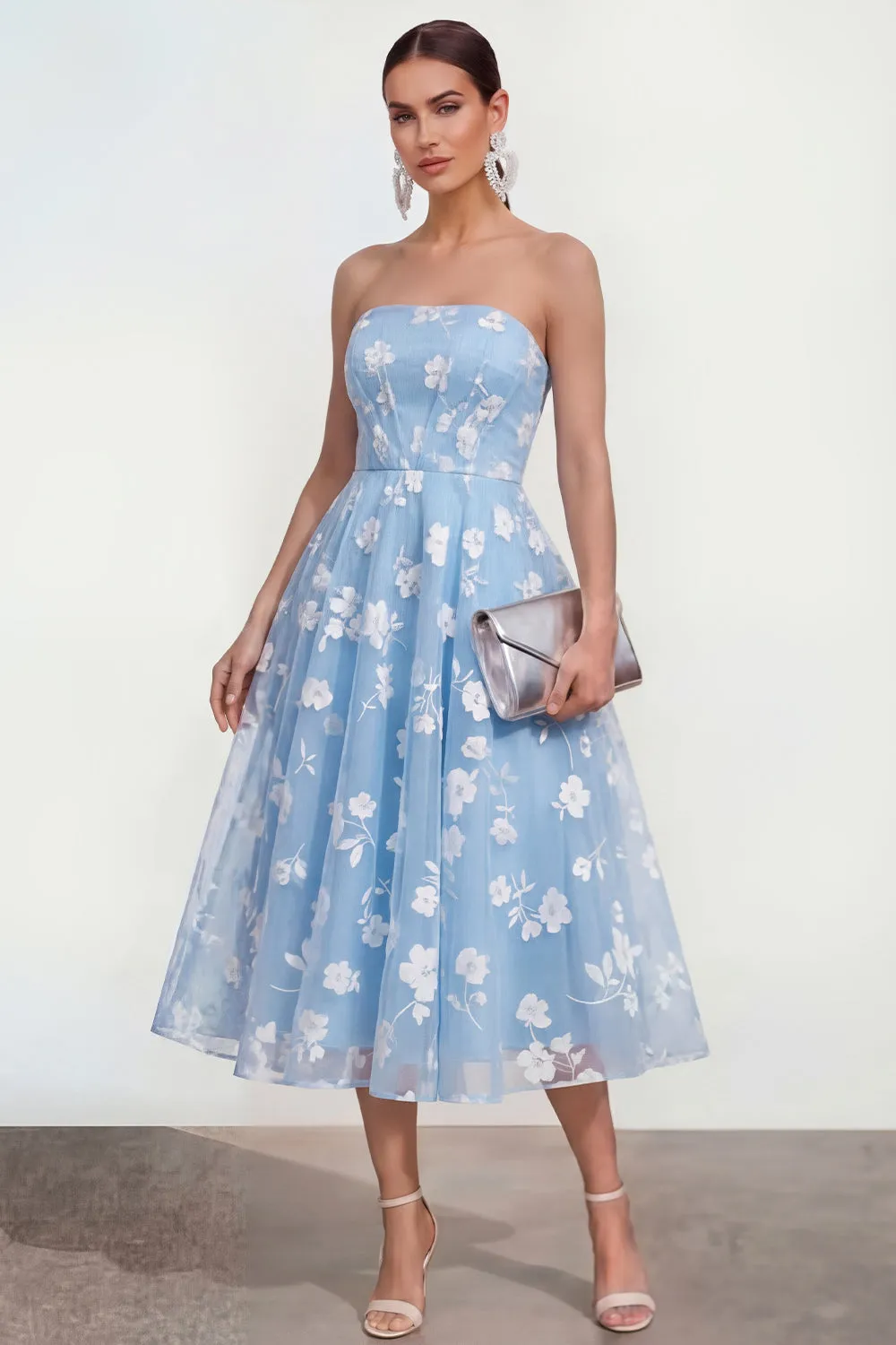 Strapless A-Line Midi Lilac Floral Dress with Pockets sold by Zapaka product image thumbnail 5