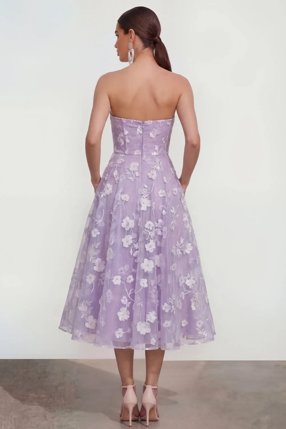 Strapless A-Line Midi Lilac Floral Dress with Pockets sold by Zapaka product image thumbnail 2