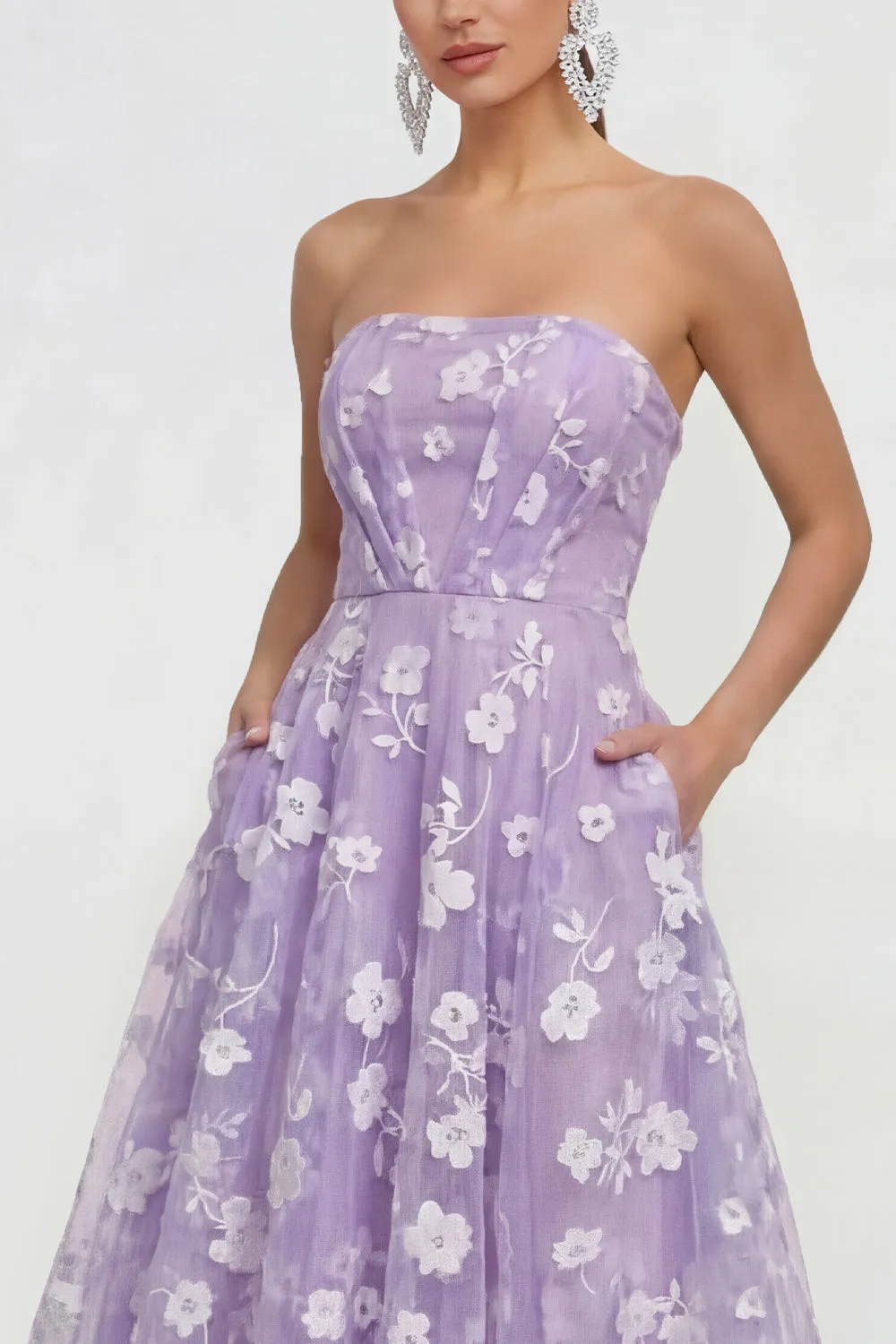 Strapless A-Line Midi Lilac Floral Dress with Pockets sold by Zapaka product image thumbnail 3