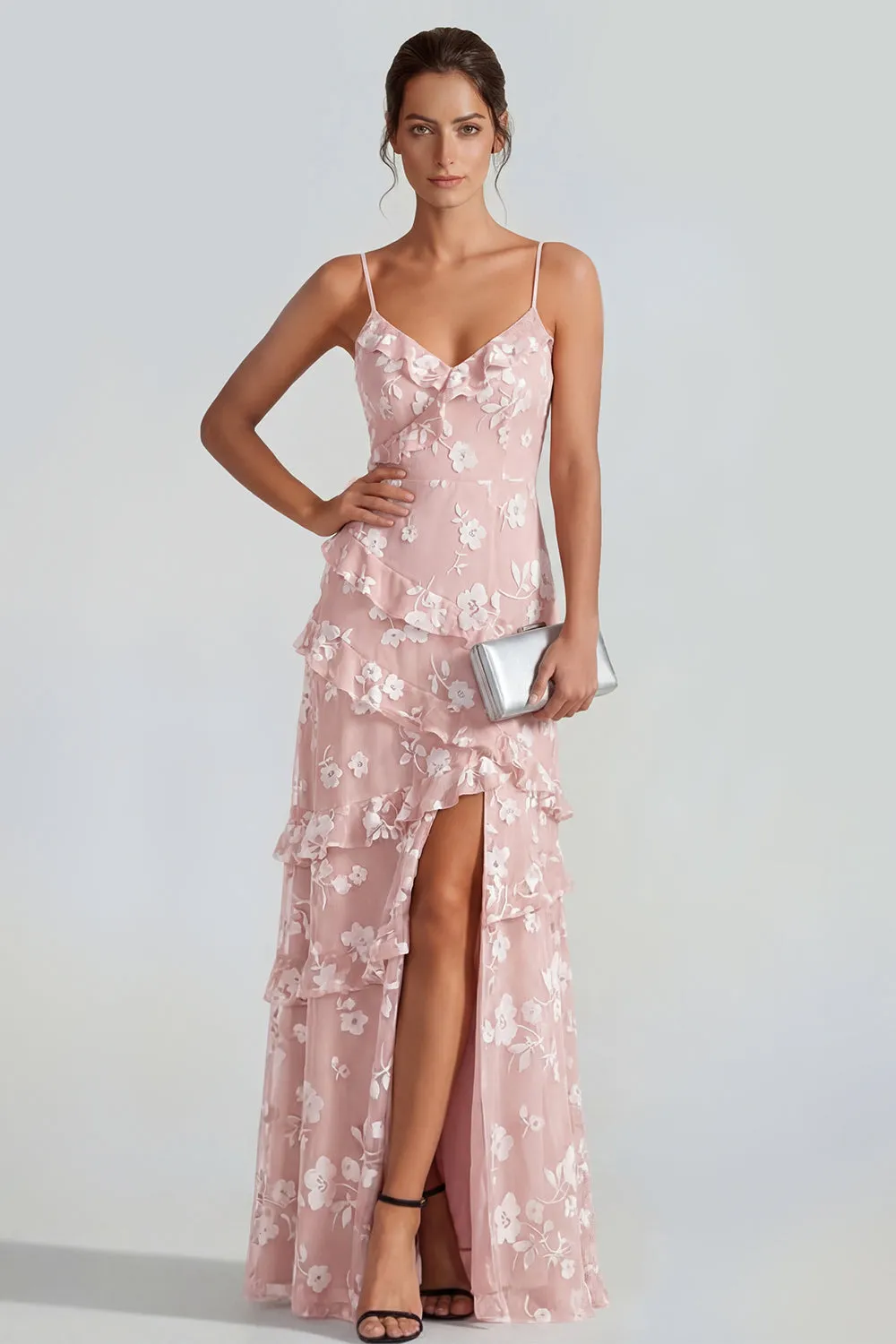Shearh Lilac Floral Spaghetti Straps Ruffled Maxi Dress with Slit sold by Zapaka product image thumbnail 5