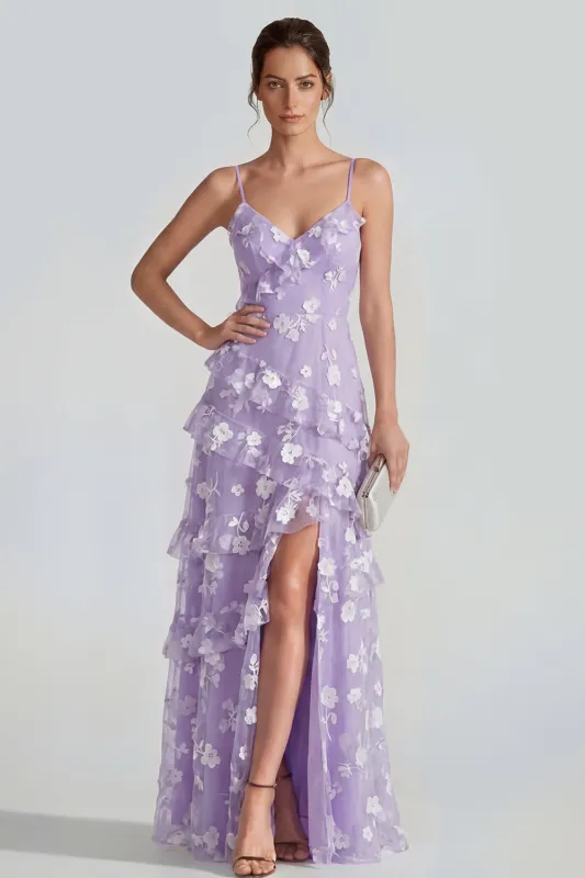 Shearh Lilac Floral Spaghetti Straps Ruffled Maxi Dress with Slit made by Zapaka