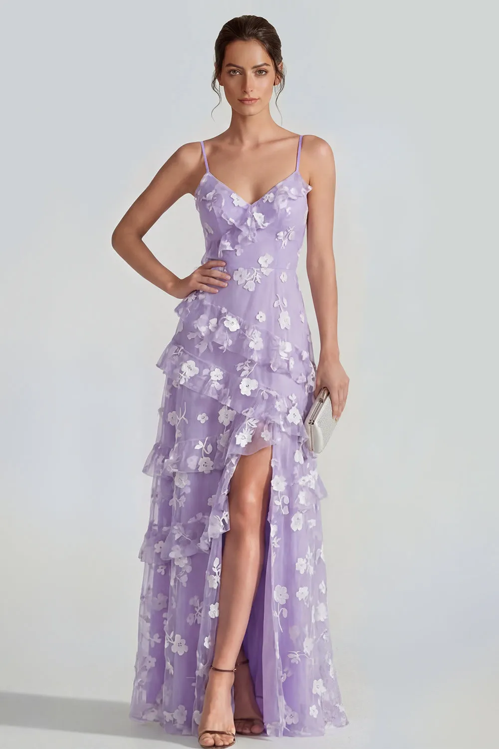 Shearh Lilac Floral Spaghetti Straps Ruffled Maxi Dress with Slit sold by Zapaka