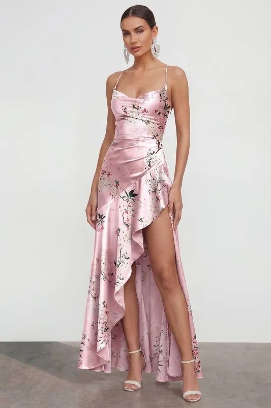 Pink A Line Spaghetti Straps Printed Floral Dress with Ruffle Slit sold by Zapaka