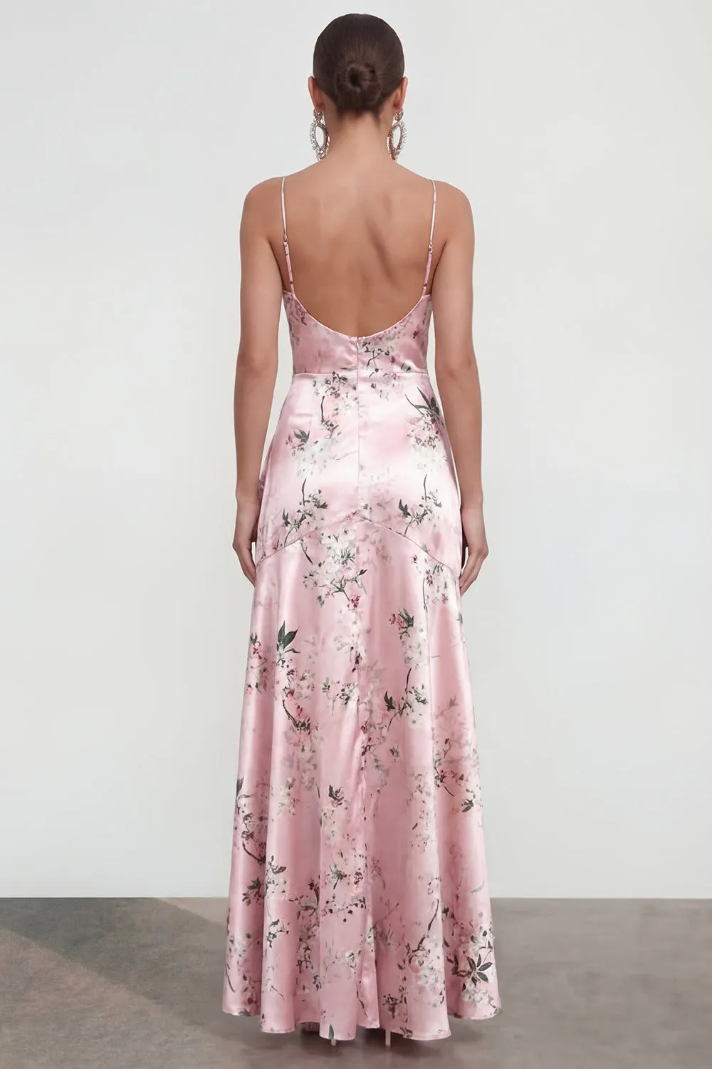 Pink A Line Spaghetti Straps Printed Floral Dress with Ruffle Slit sold by Zapaka product image thumbnail 2