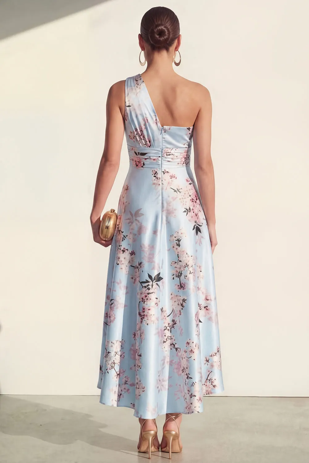 One Shoulder A Line Blue Printed Midi Floral Dress sold by Zapaka product image thumbnail 2