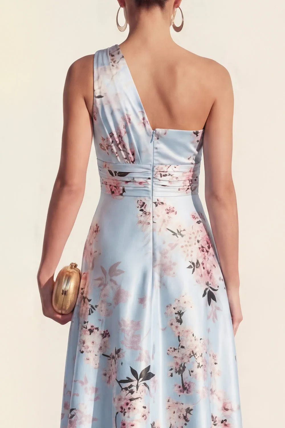 One Shoulder A Line Blue Printed Midi Floral Dress sold by Zapaka product image thumbnail 4