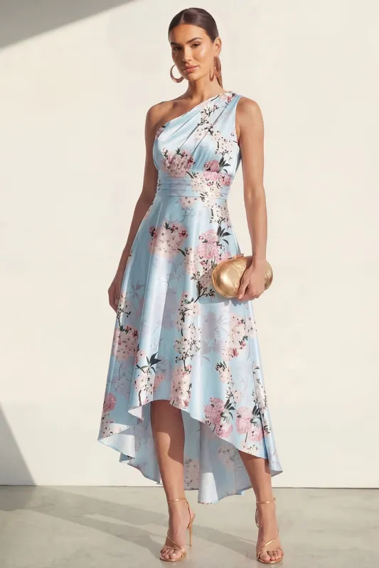 One Shoulder A Line Blue Printed Midi Floral Dress made by Zapaka