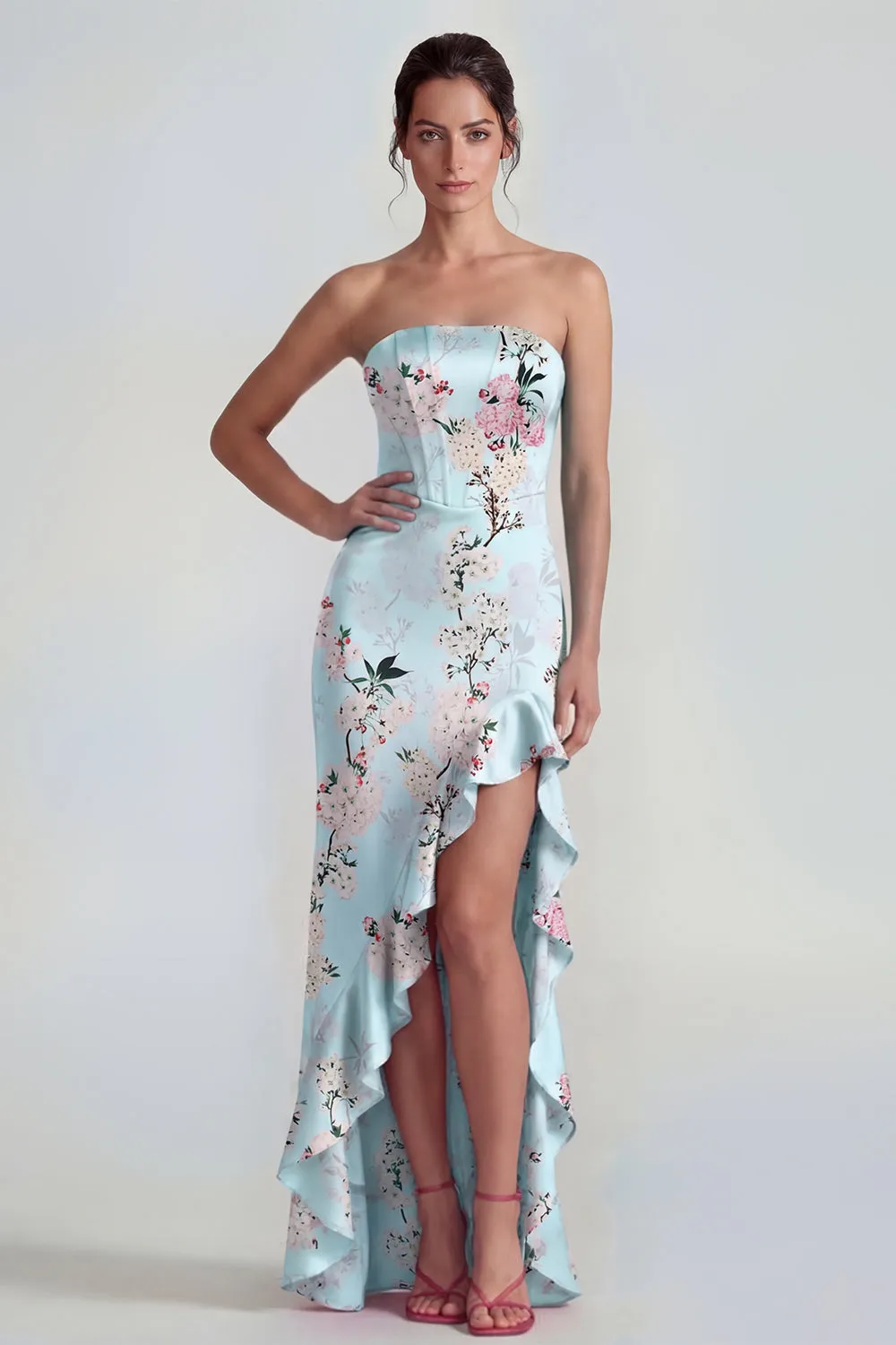 Pink Strapless Sheath Corset Long Floral Dress with Ruffle Slit sold by Zapaka product image thumbnail 5