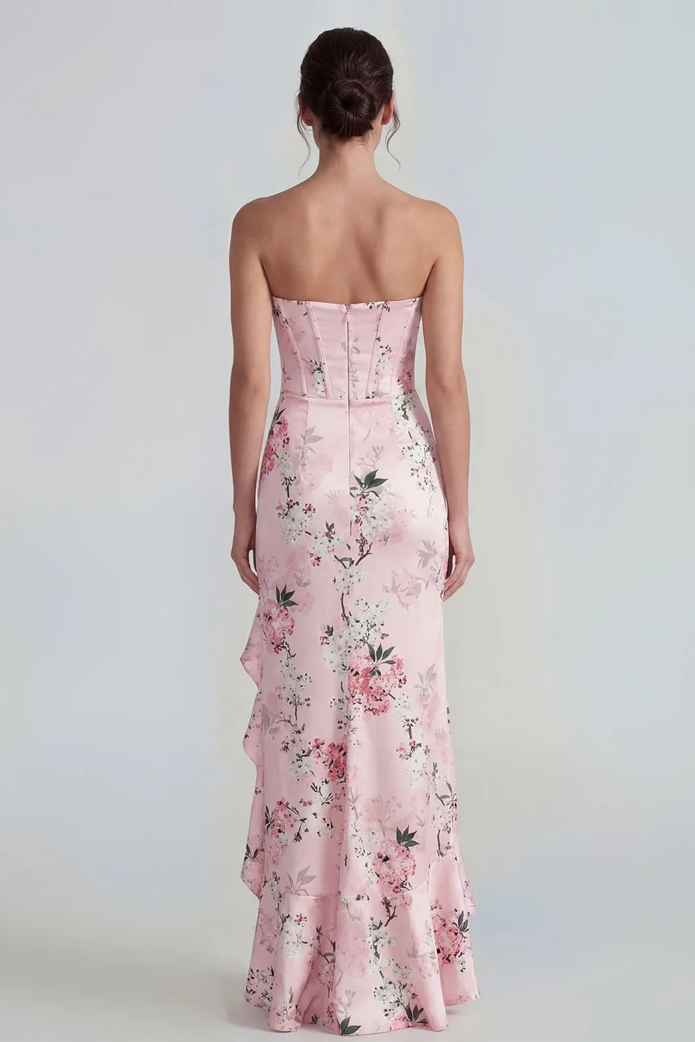 Pink Strapless Sheath Corset Long Floral Dress with Ruffle Slit sold by Zapaka product image thumbnail 2