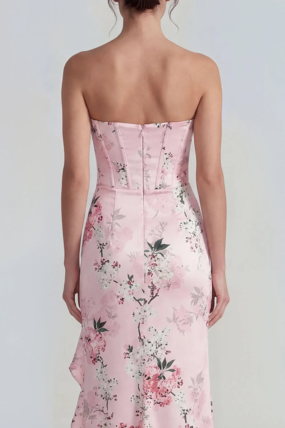 Pink Strapless Sheath Corset Long Floral Dress with Ruffle Slit sold by Zapaka product image thumbnail 4