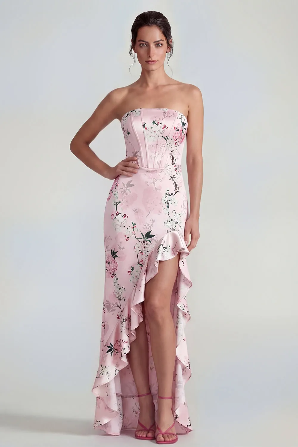 Pink Strapless Sheath Corset Long Floral Dress with Ruffle Slit sold by Zapaka