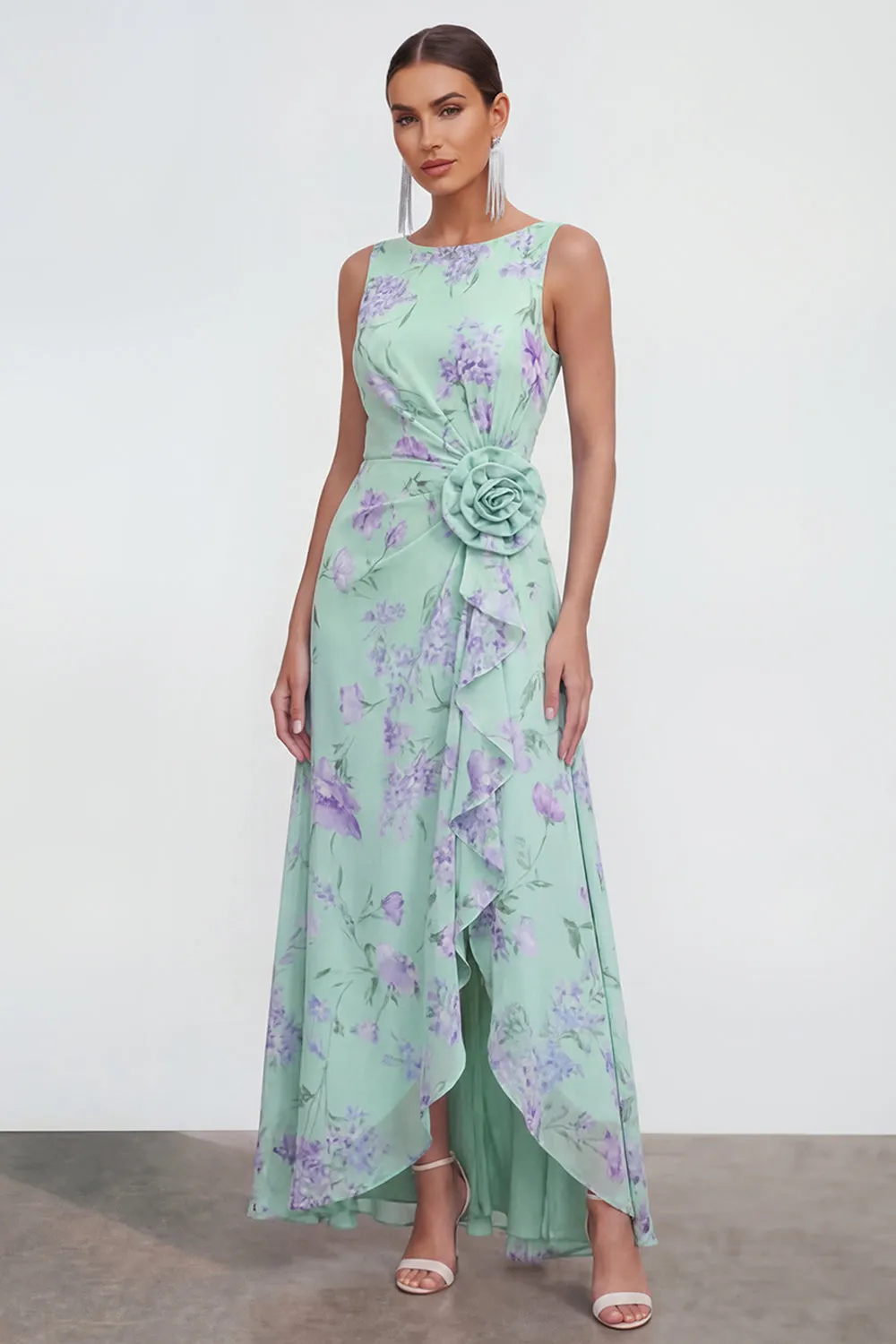 Blue A-Line 3D Flower Printed Long Chiffon Dress with Ruffle Slit sold by Zapaka product image thumbnail 5
