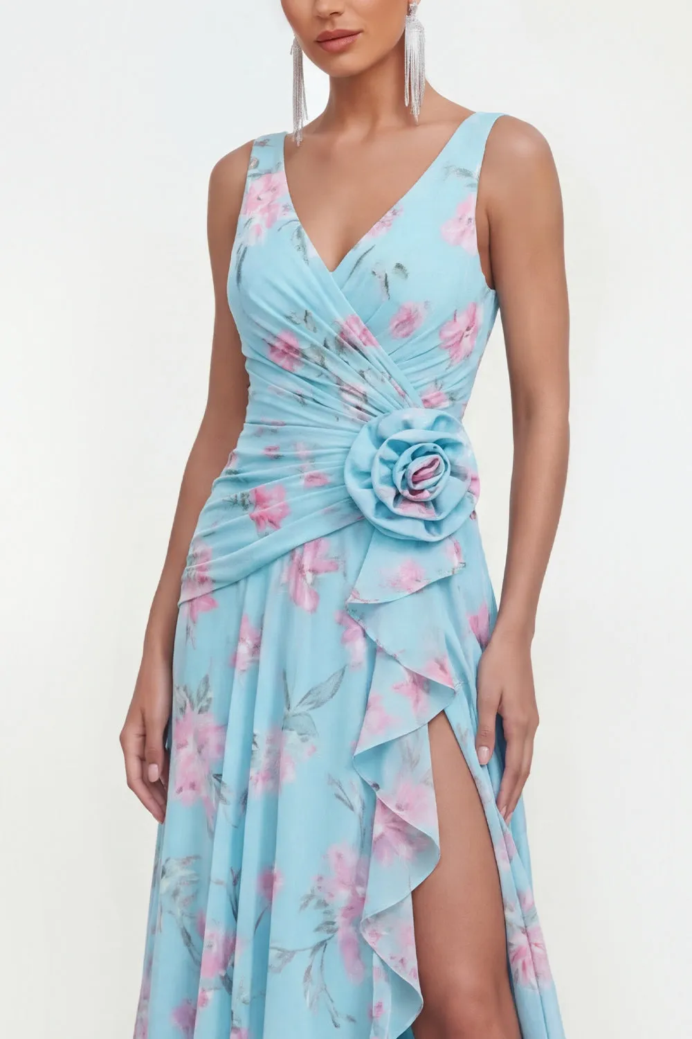 Blue Chiffon A-Line Ruched Side Slit Floral Dress with 3D Flower sold by Zapaka product image thumbnail 3