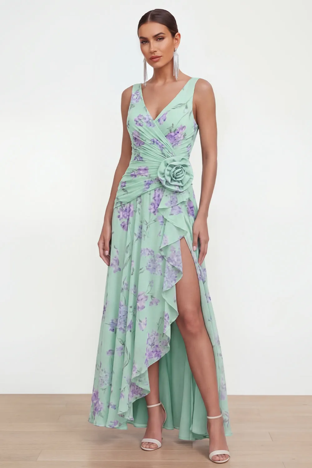 Blue Chiffon A-Line Ruched Side Slit Floral Dress with 3D Flower sold by Zapaka product image thumbnail 5