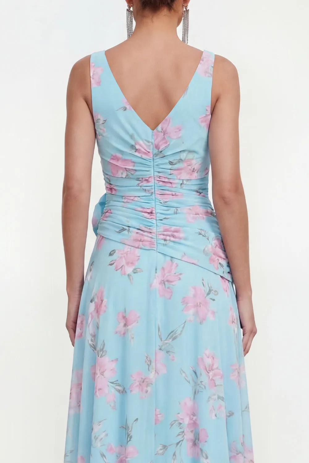 Blue Chiffon A-Line Ruched Side Slit Floral Dress with 3D Flower sold by Zapaka product image thumbnail 4