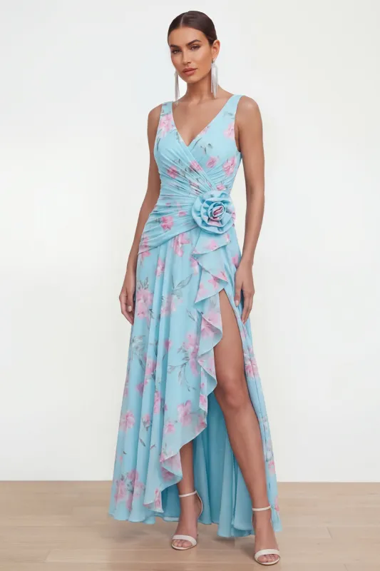 Blue Chiffon A-Line Ruched Side Slit Floral Dress with 3D Flower made by Zapaka