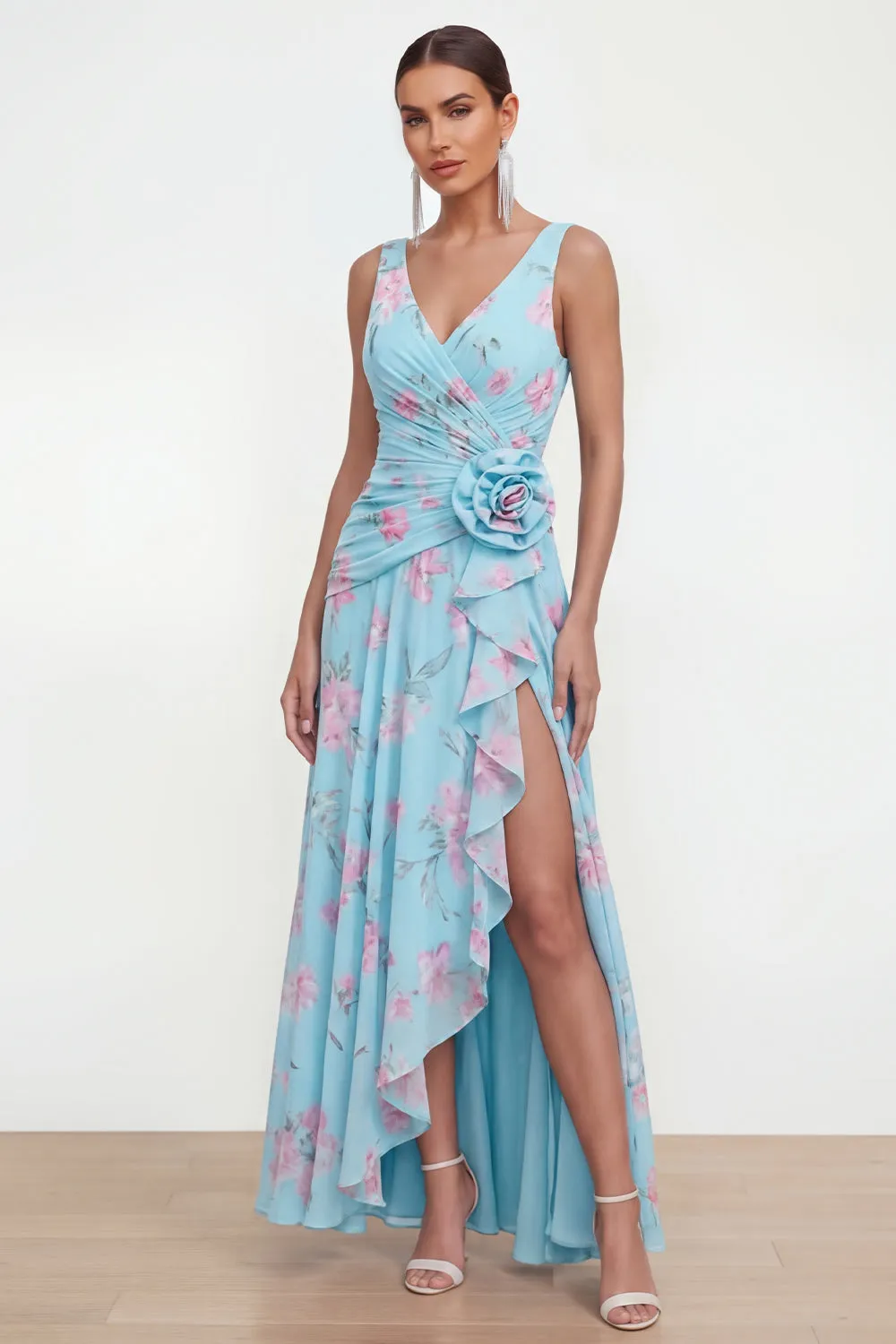 Blue Chiffon A-Line Ruched Side Slit Floral Dress with 3D Flower sold by Zapaka