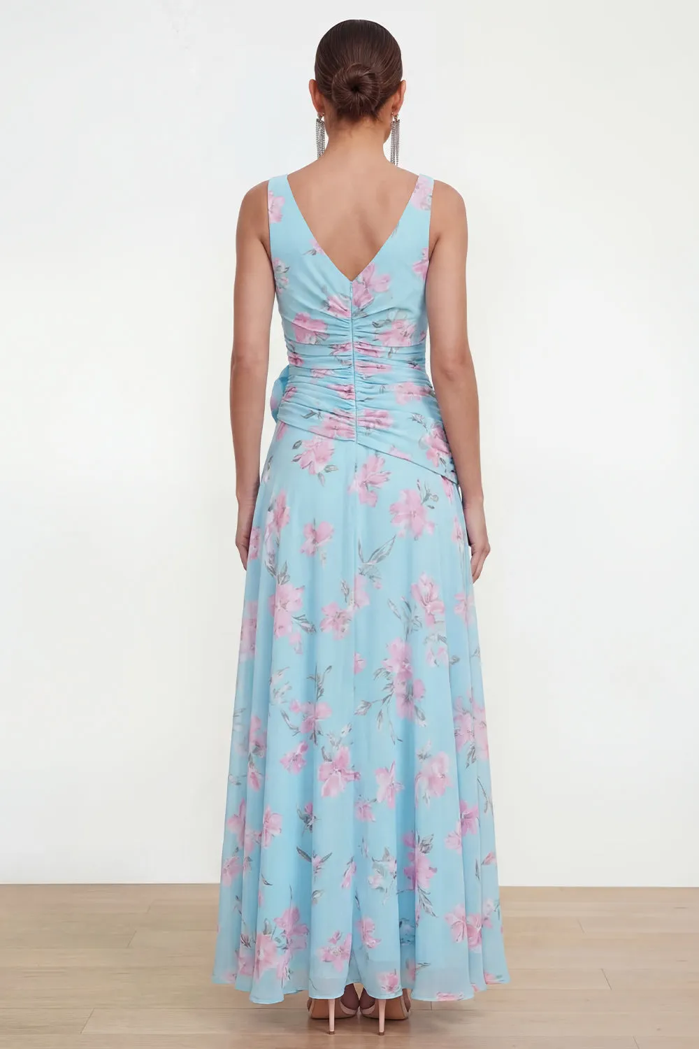Blue Chiffon A-Line Ruched Side Slit Floral Dress with 3D Flower sold by Zapaka product image thumbnail 2