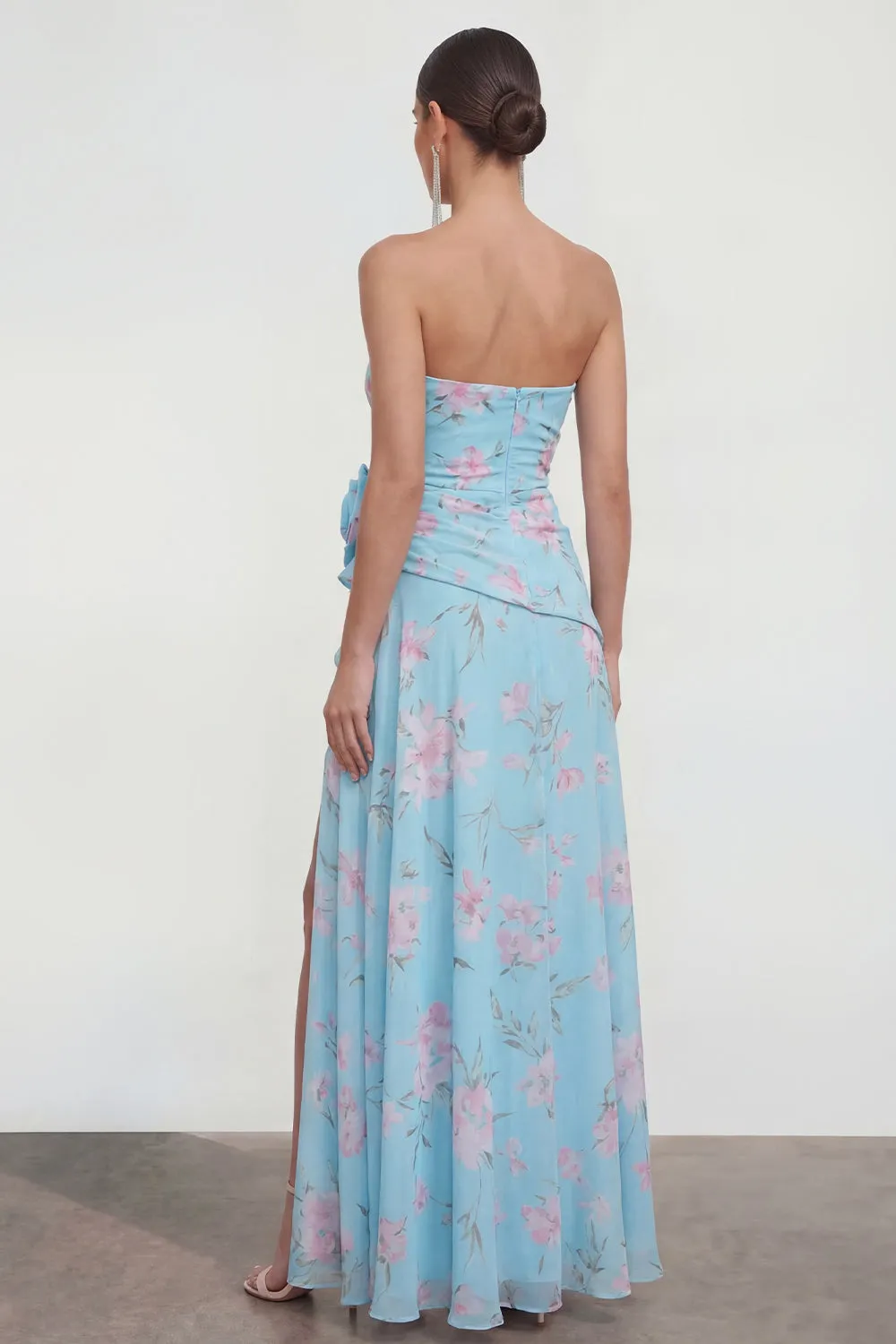 Strapless Blue A-Line 3D Flower Ruffled Floral Dress with Slit sold by Zapaka product image thumbnail 2