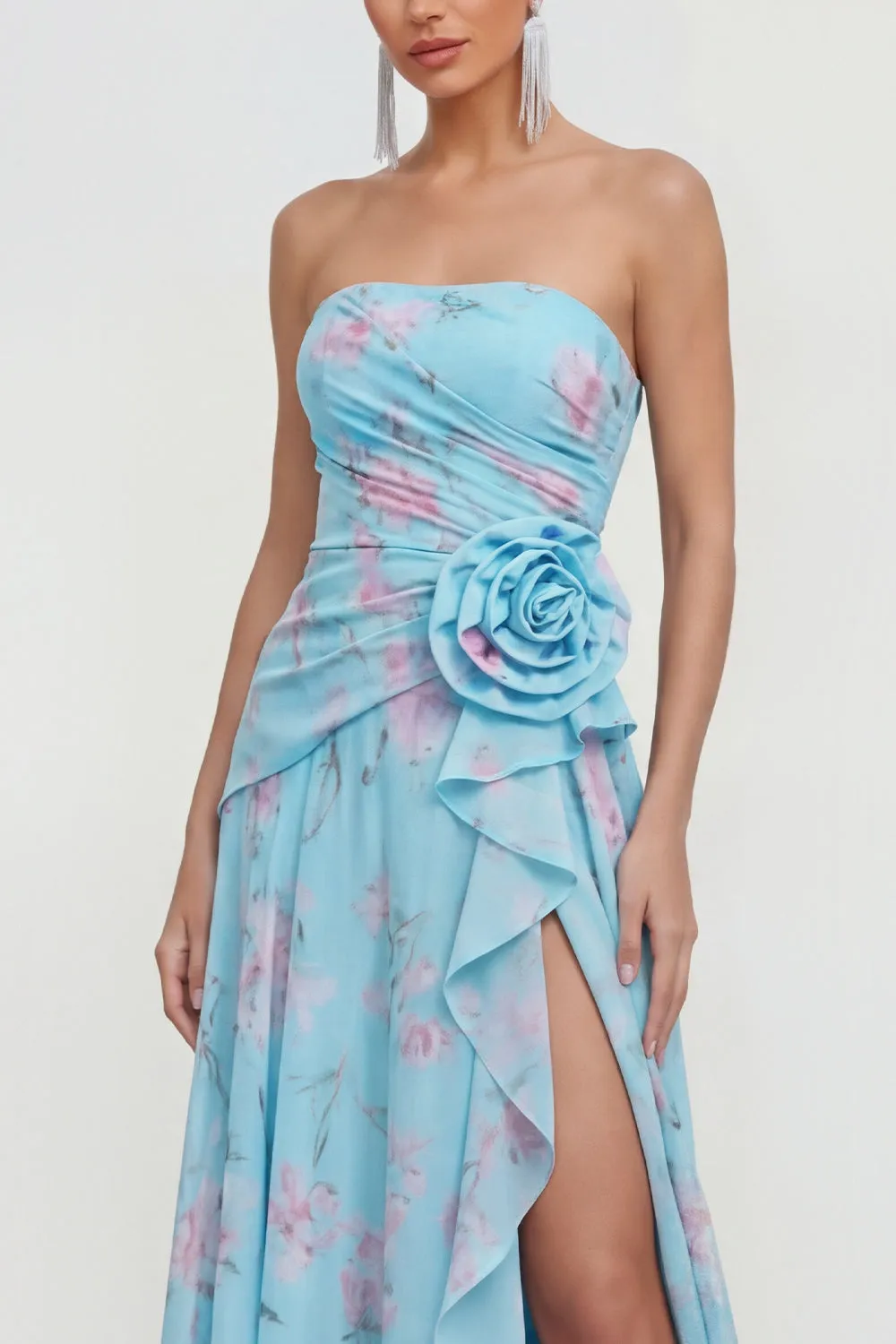 Strapless Blue A-Line 3D Flower Ruffled Floral Dress with Slit sold by Zapaka product image thumbnail 3