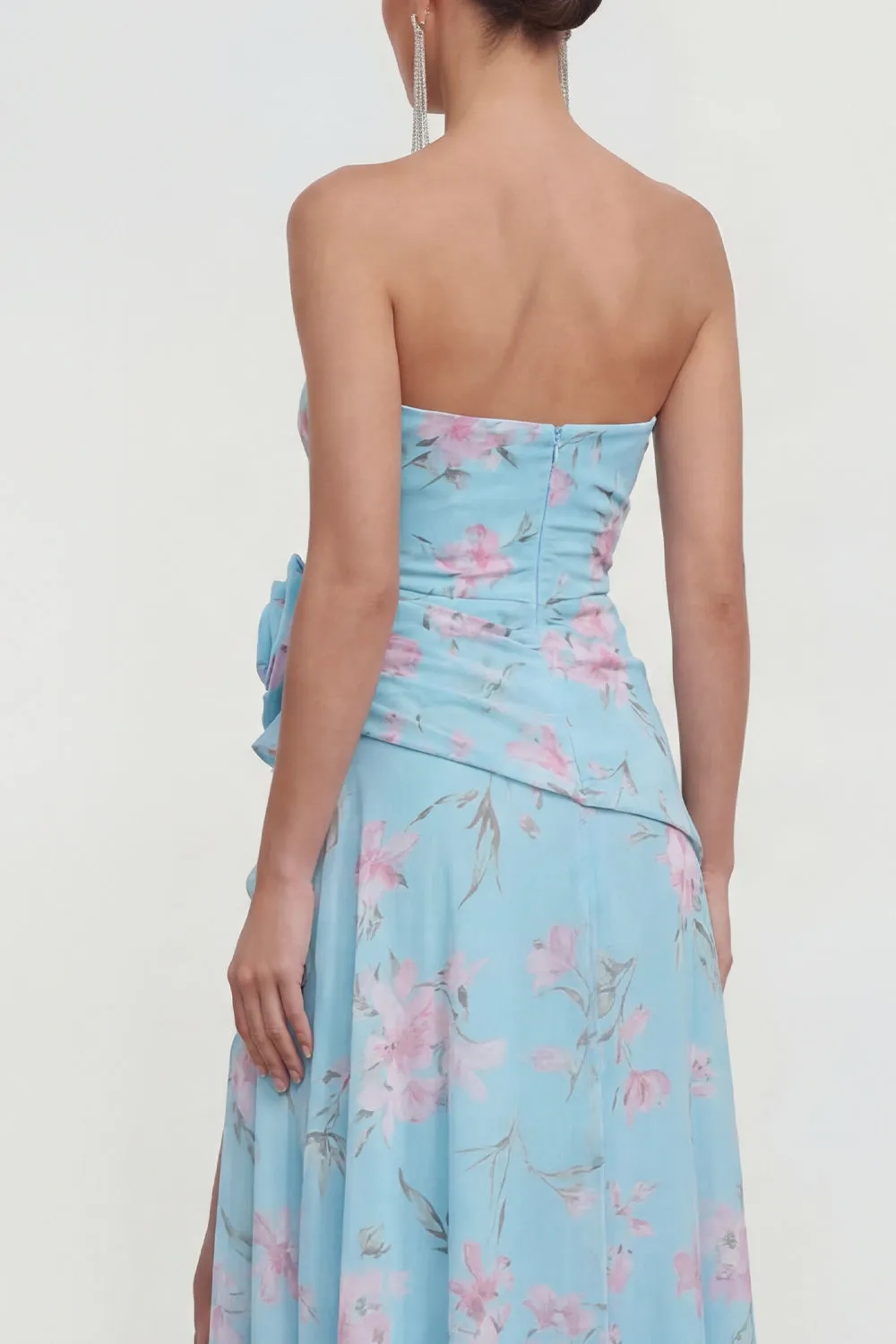 Strapless Blue A-Line 3D Flower Ruffled Floral Dress with Slit sold by Zapaka product image thumbnail 4