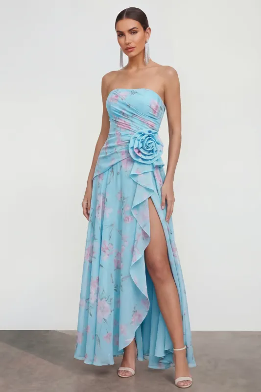 Strapless Blue A-Line 3D Flower Ruffled Floral Dress with Slit sold by Zapaka
