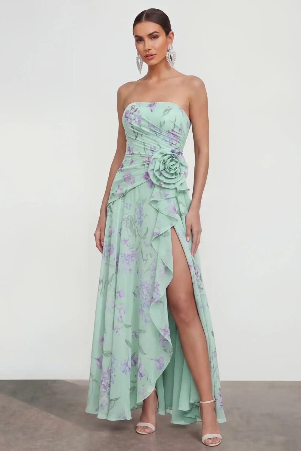 Strapless Blue A-Line 3D Flower Ruffled Floral Dress with Slit sold by Zapaka product image thumbnail 5
