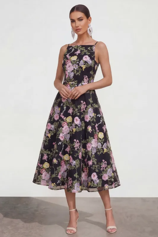 A Line Spaghetti Straps Midi Printed Multi Floral Dress made by Zapaka