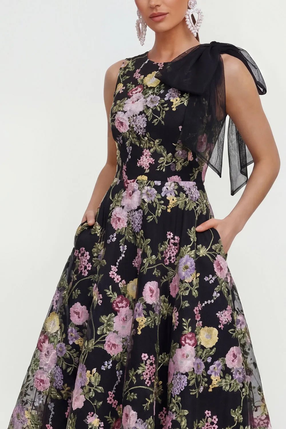 A Line Printed Bowed Midi Multi Floral Dress with Pockets sold by Zapaka product image thumbnail 3