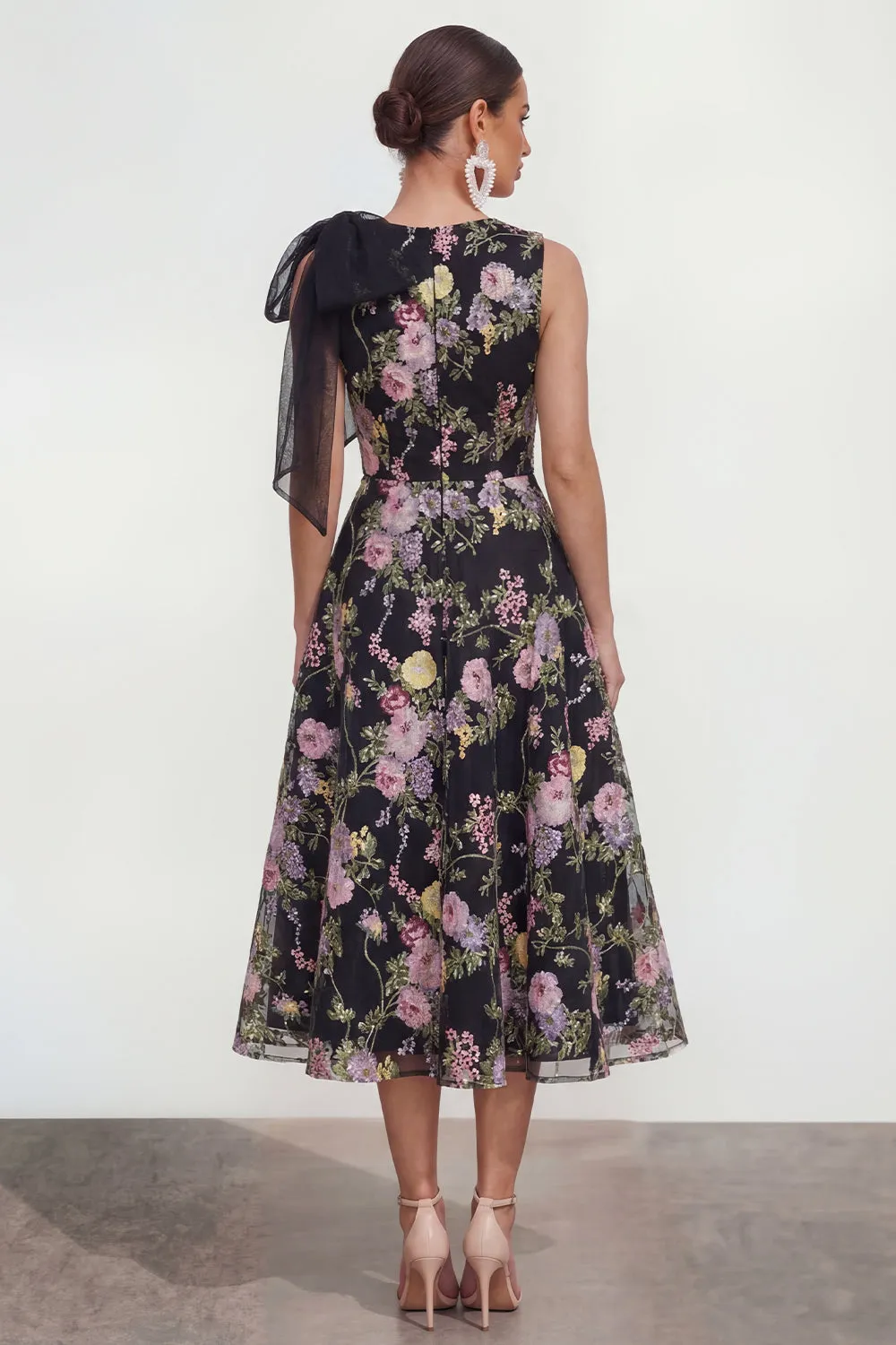 A Line Printed Bowed Midi Multi Floral Dress with Pockets sold by Zapaka product image thumbnail 2