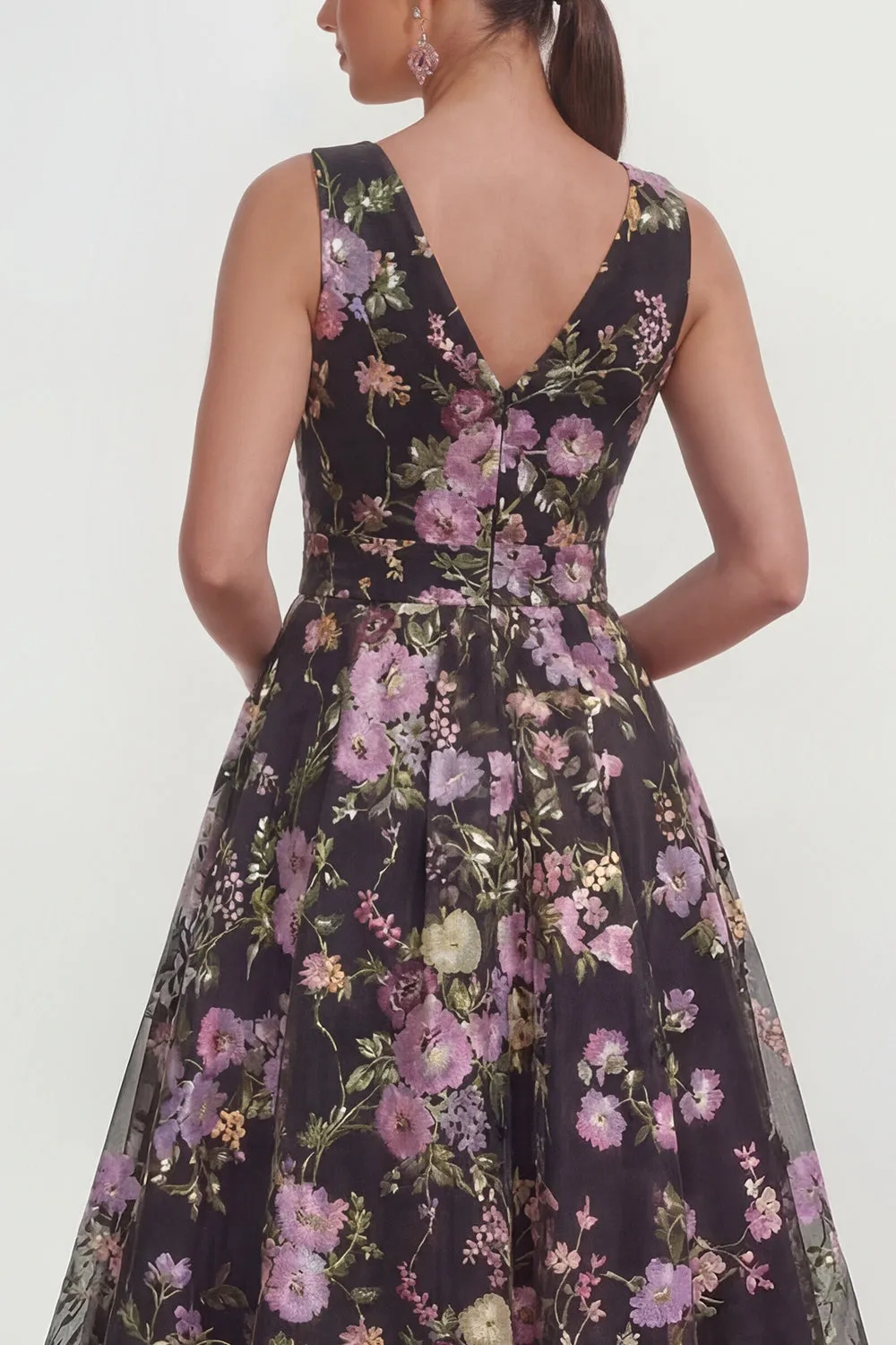 Black V-Neck Midi A Line Floral Dress with Bow sold by Zapaka product image thumbnail 4