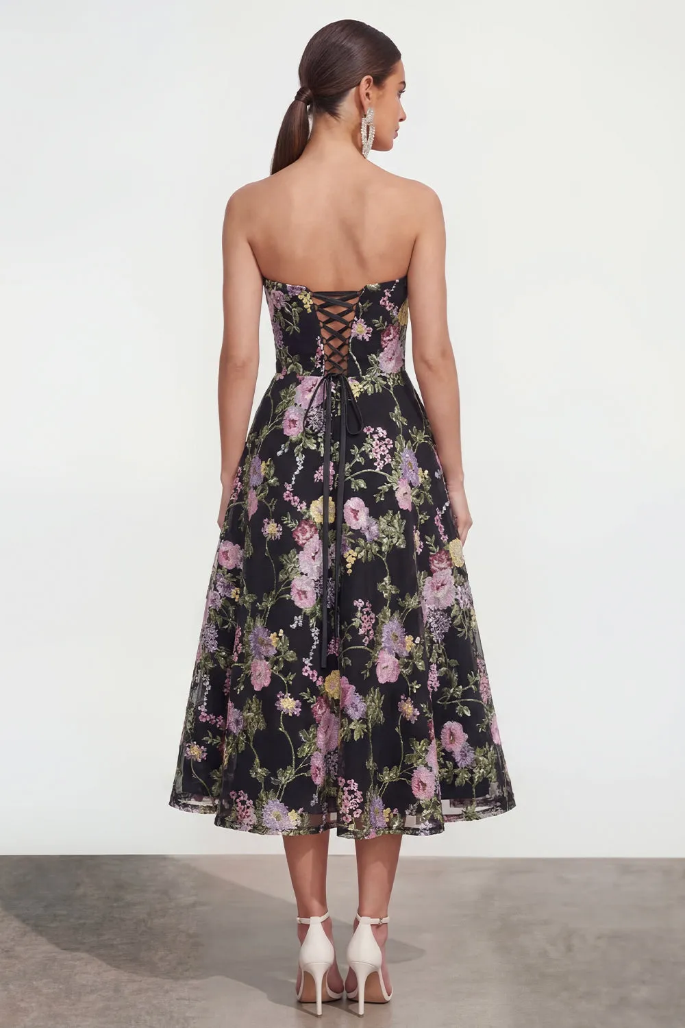 Strapless A Line Black Pink Flower Midi Dress with Pockets sold by Zapaka product image thumbnail 2