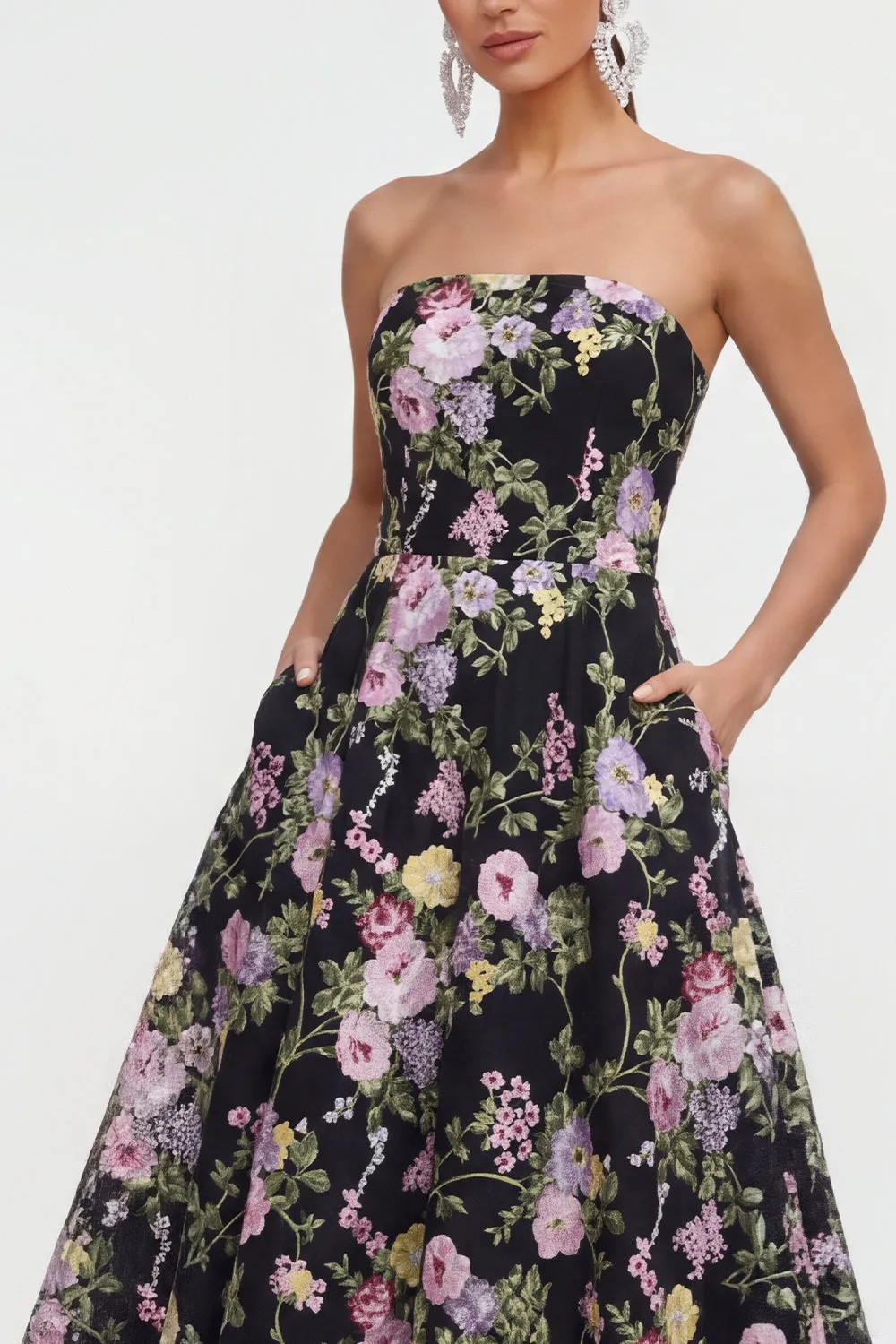 Strapless A Line Black Pink Flower Midi Dress with Pockets sold by Zapaka product image thumbnail 3