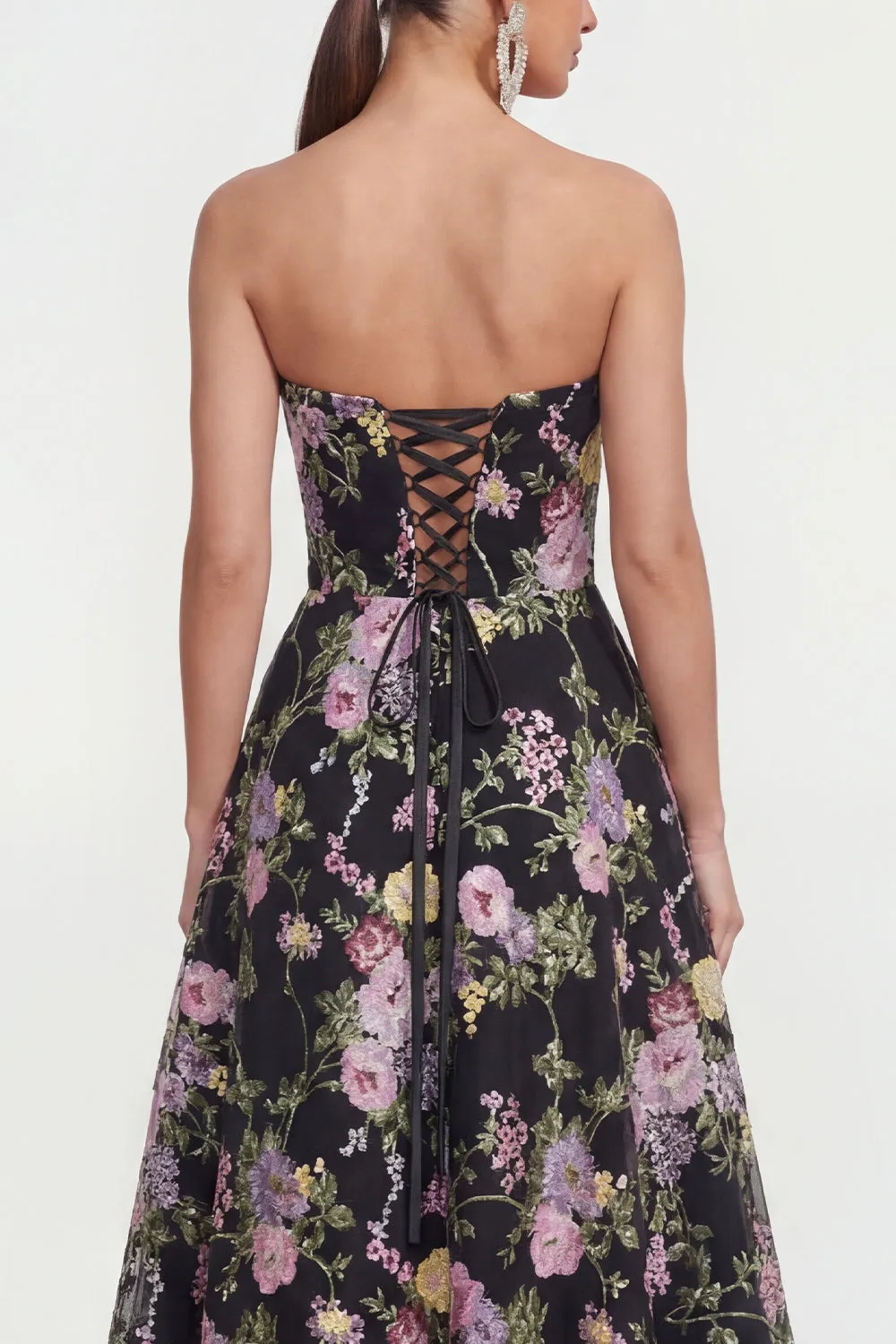 Strapless A Line Black Pink Flower Midi Dress with Pockets sold by Zapaka product image thumbnail 4