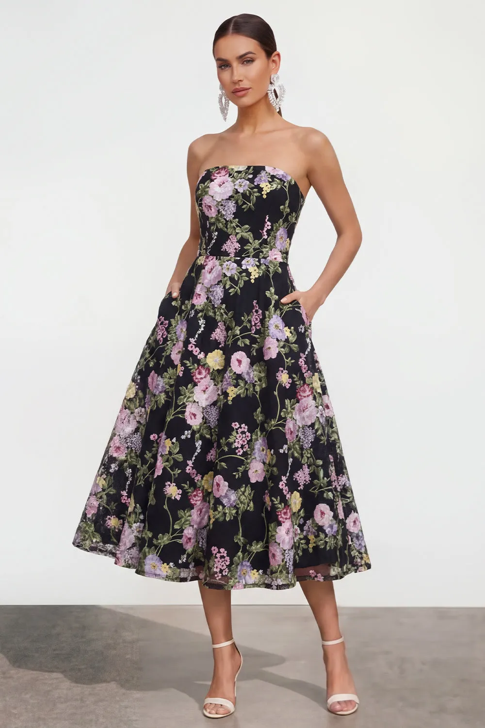 Strapless A Line Black Pink Flower Midi Dress with Pockets sold by Zapaka