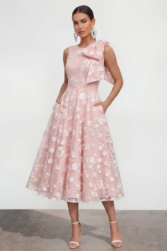Pink Floral A-Line Bowed Round Neck Midi Dress with Pockets made by Zapaka