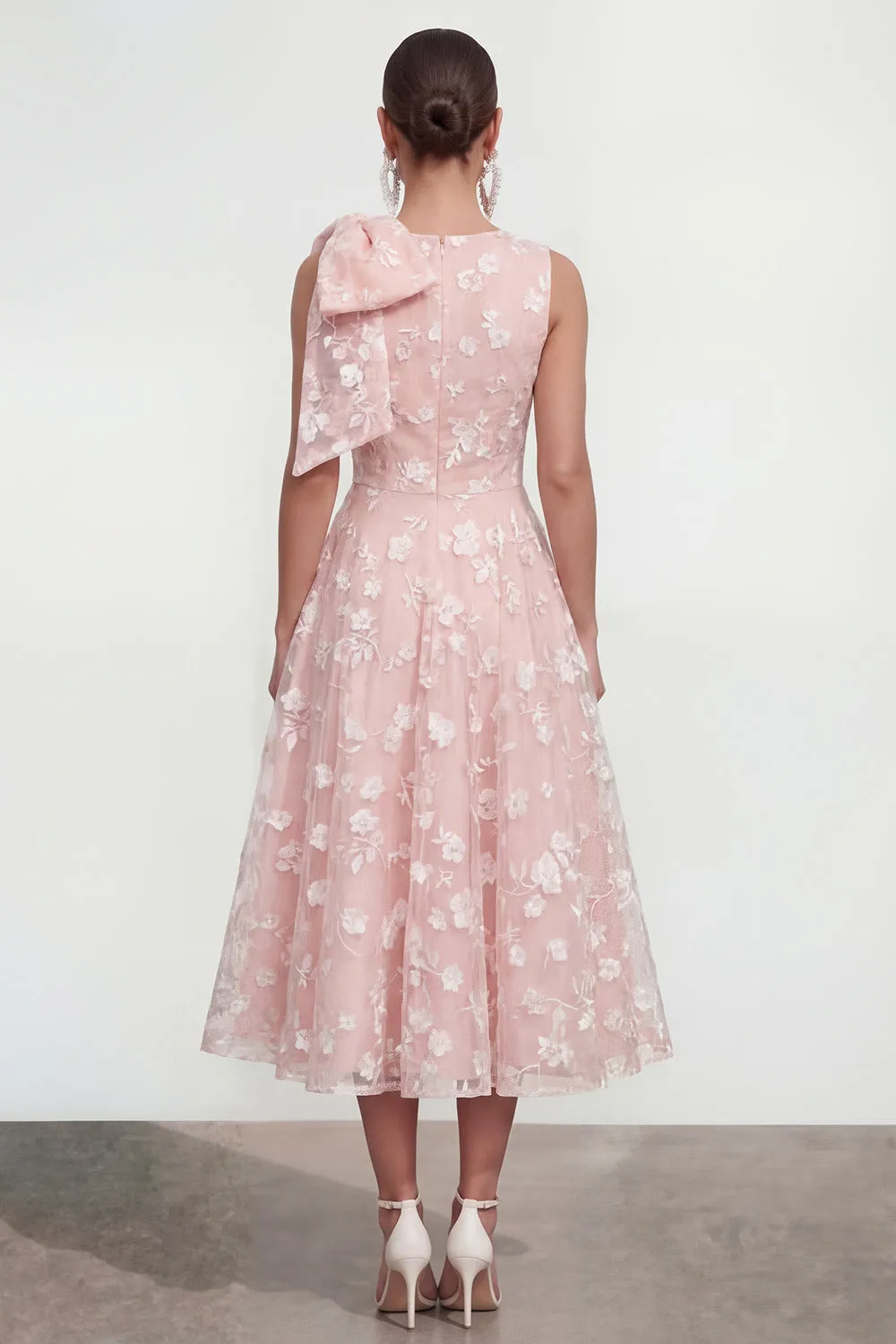 Pink Floral A-Line Bowed Round Neck Midi Dress with Pockets sold by Zapaka product image thumbnail 2